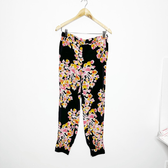 DYVNA 100% Silk Floral Printed Harem Ankle Pant Black womens 8 - Picture 2 of 4